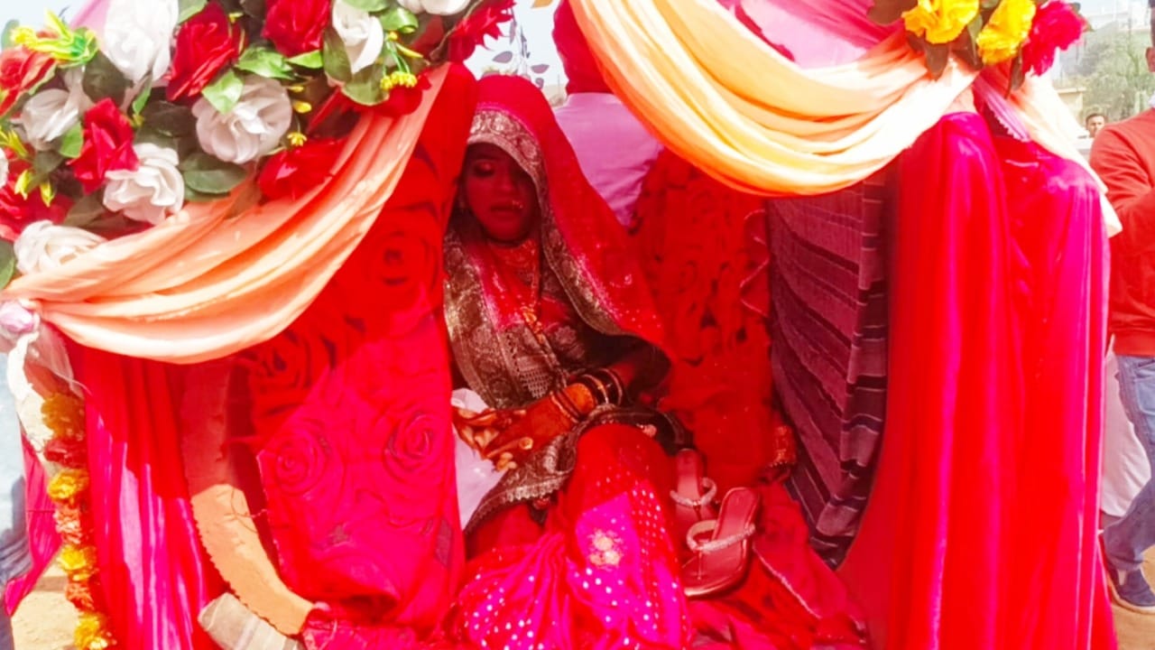 The bride departed on a bullock cart and the groom held the reins of the bulls